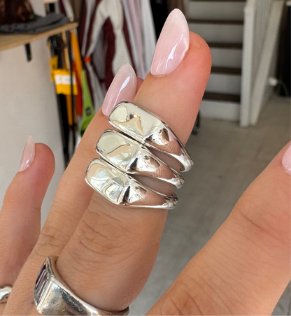 Pillow Stacker ring in sterling silver by Meg Henry featuring a chunky sculptural signet-inspired design with a polished finish.