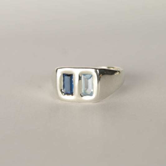 Silver ring with two rectangular gemstones on a light gray background