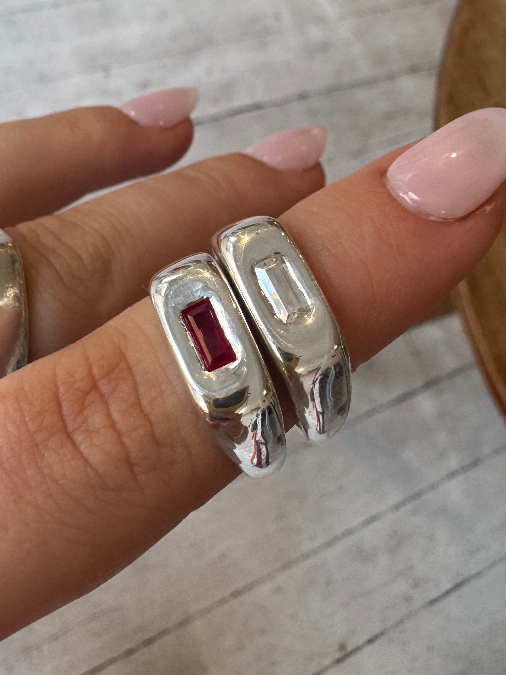 Handmade silver signet ring with ruby baguette stone and white stones