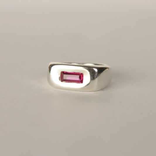 Handmade silver signet ring with ruby baguette stone